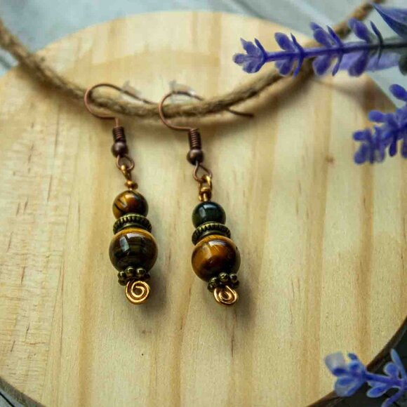 Tiger’s Eye Drop Earrings with Bronze and Copper Accents - Picture 8 of 11